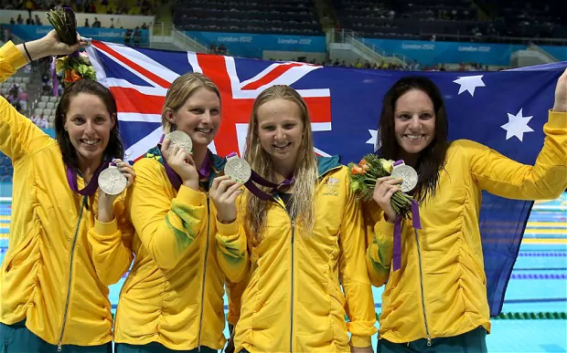 Australias olympic swimming team holding their medals